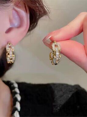 Gold Crystal Link Huggie Earrings